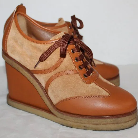 Celine Wedge Lace Up Pumps Loafers Manon Suede Leather 40 - Picture 4 of 9